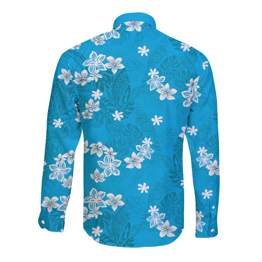 Hawaii Monstera Deliciosa Long Sleeve Button Shirt Blue Plumeria Polynesian Pattern LT05 - Polynesian Pride
