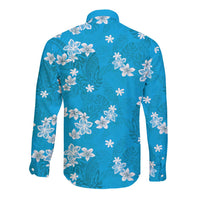 Hawaii Monstera Deliciosa Long Sleeve Button Shirt Blue Plumeria Polynesian Pattern LT05 - Polynesian Pride
