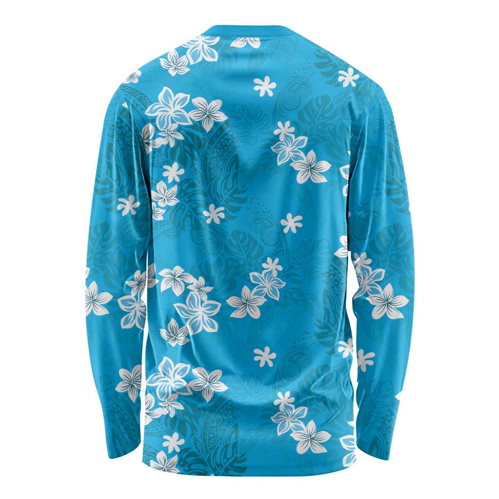 Hawaii Monstera Deliciosa Long Sleeve Shirt Blue Plumeria Polynesian Pattern LT05 - Polynesian Pride