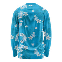 Hawaii Monstera Deliciosa Long Sleeve Shirt Blue Plumeria Polynesian Pattern LT05 - Polynesian Pride