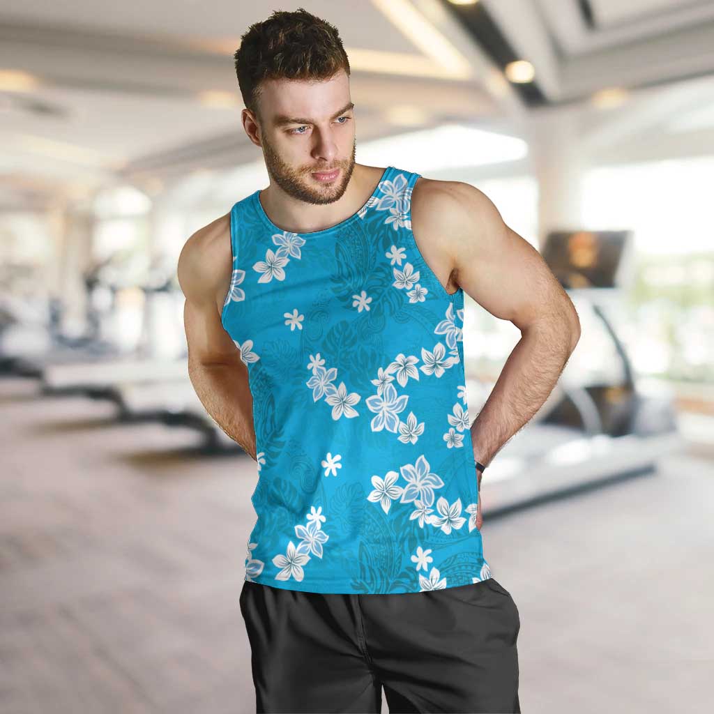Hawaii Monstera Deliciosa Men Tank Top Blue Plumeria Polynesian Pattern LT05 Blue - Polynesian Pride