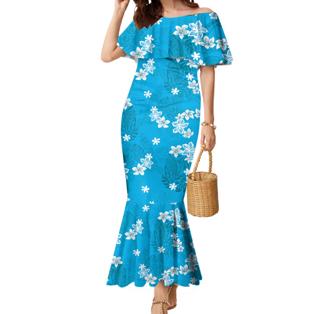 Hawaii Monstera Deliciosa Mermaid Dress Blue Plumeria Polynesian Pattern LT05 Women Blue - Polynesian Pride