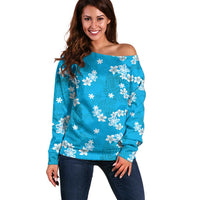 Hawaii Monstera Deliciosa Off Shoulder Sweater Blue Plumeria Polynesian Pattern LT05 Women Blue - Polynesian Pride