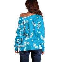 Hawaii Monstera Deliciosa Off Shoulder Sweater Blue Plumeria Polynesian Pattern LT05 - Polynesian Pride