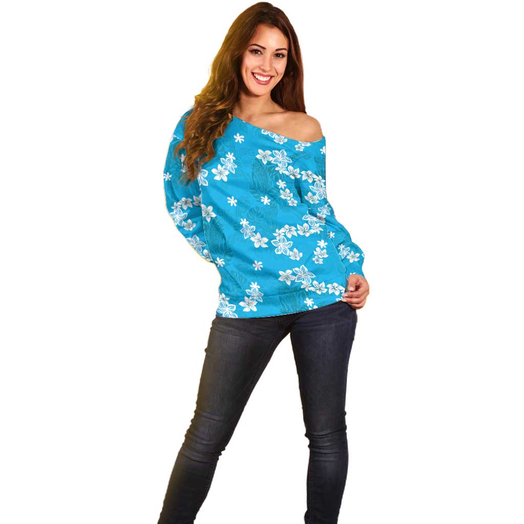Hawaii Monstera Deliciosa Off Shoulder Sweater Blue Plumeria Polynesian Pattern LT05 - Polynesian Pride