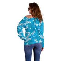 Hawaii Monstera Deliciosa Off Shoulder Sweater Blue Plumeria Polynesian Pattern LT05 - Polynesian Pride