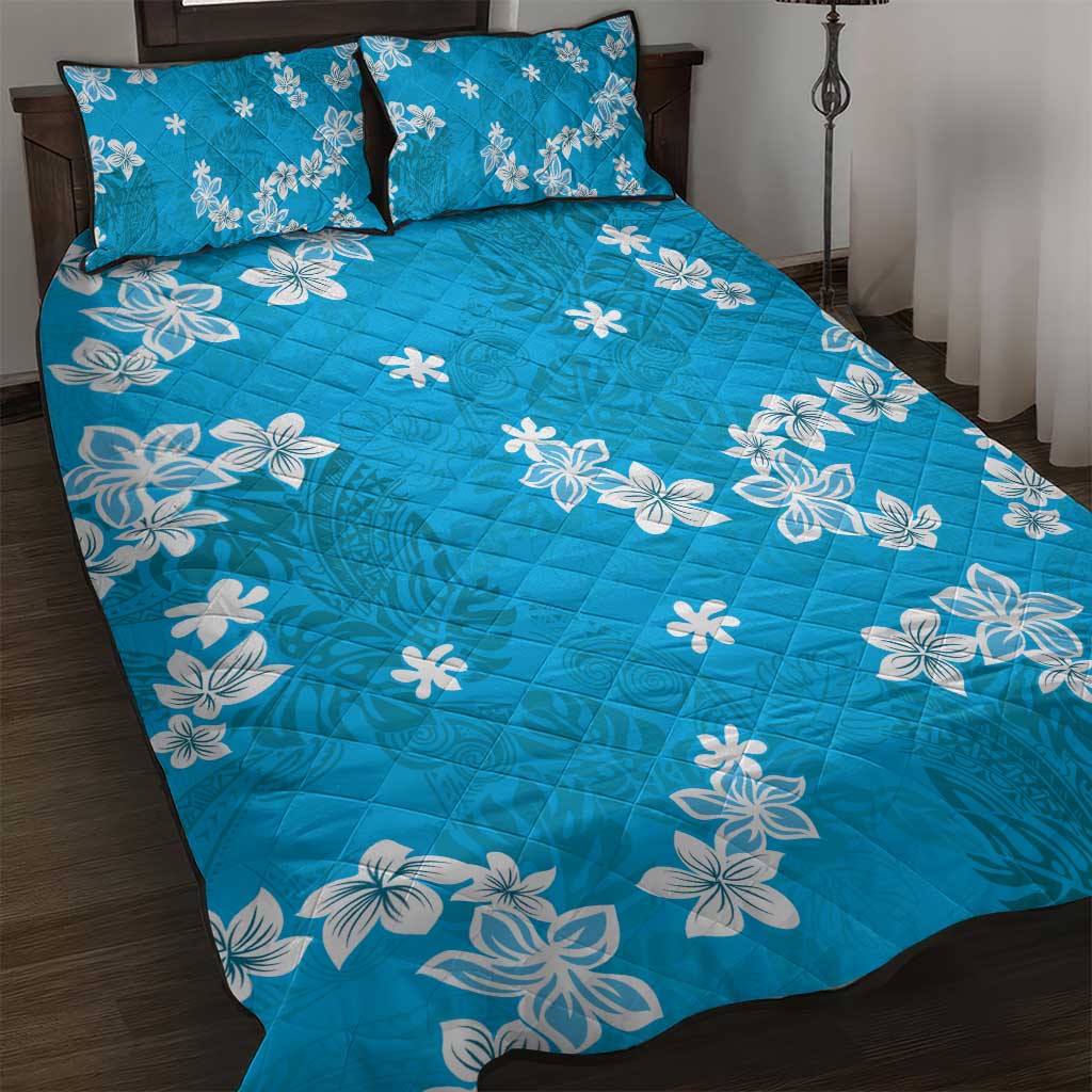 Hawaii Monstera Deliciosa Quilt Bed Set Blue Plumeria Polynesian Pattern LT05 Blue - Polynesian Pride