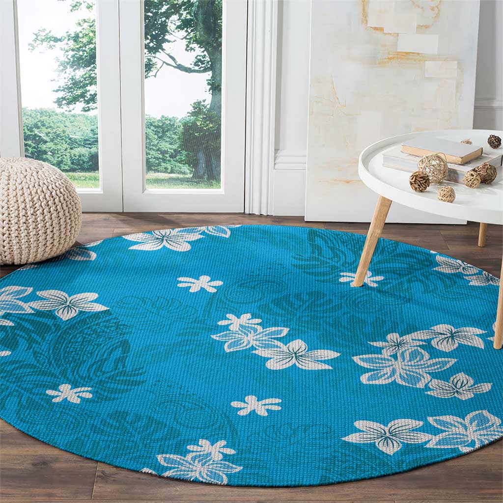 Hawaii Monstera Deliciosa Round Carpet Blue Plumeria Polynesian Pattern LT05 - Polynesian Pride