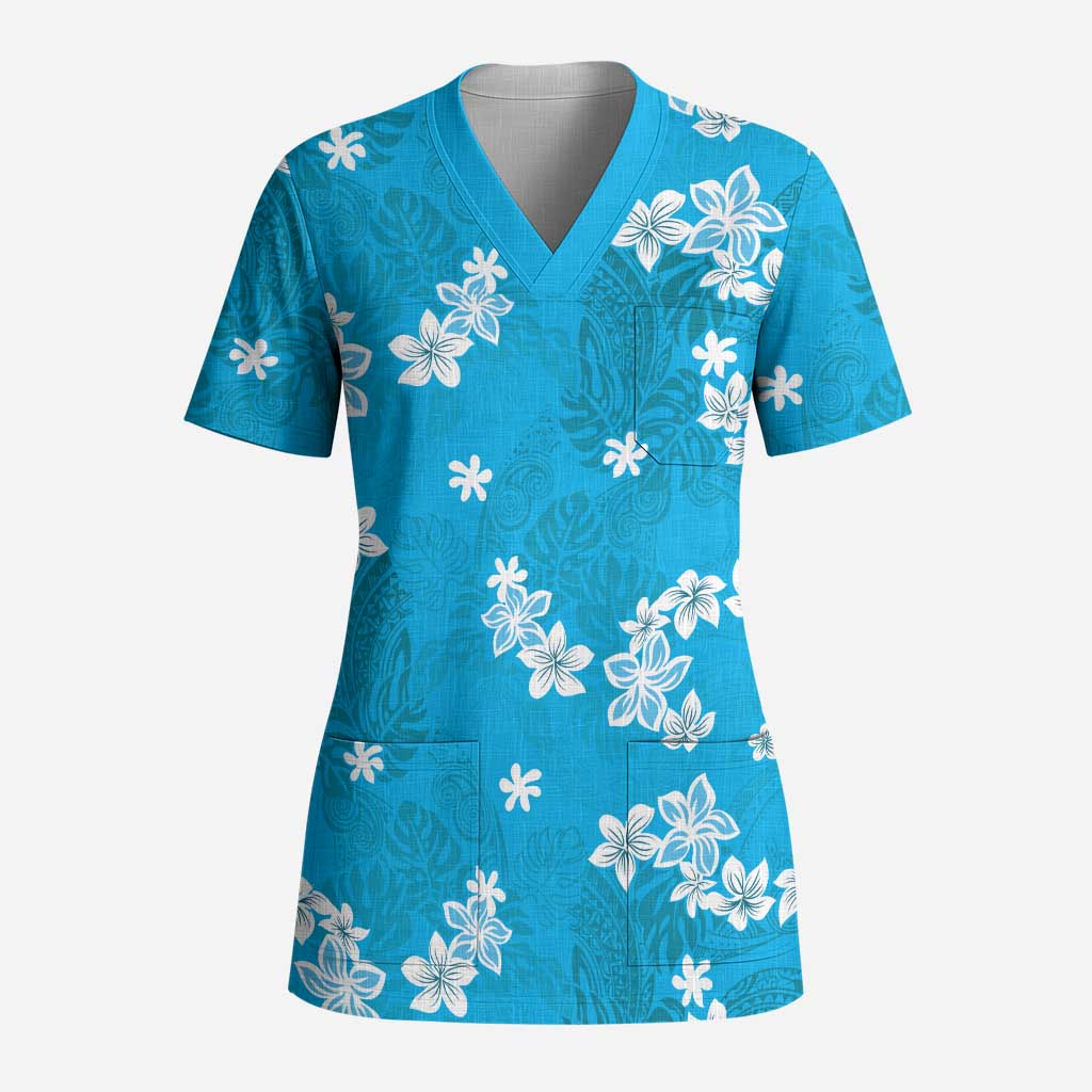 Hawaii Monstera Deliciosa Scrub Top Blue Plumeria Polynesian Pattern LT05 Adult Blue - Polynesian Pride