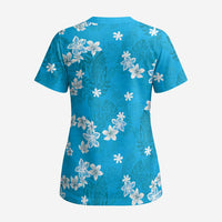 Hawaii Monstera Deliciosa Scrub Top Blue Plumeria Polynesian Pattern LT05 - Polynesian Pride