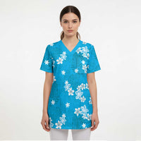 Hawaii Monstera Deliciosa Scrub Top Blue Plumeria Polynesian Pattern LT05 - Polynesian Pride