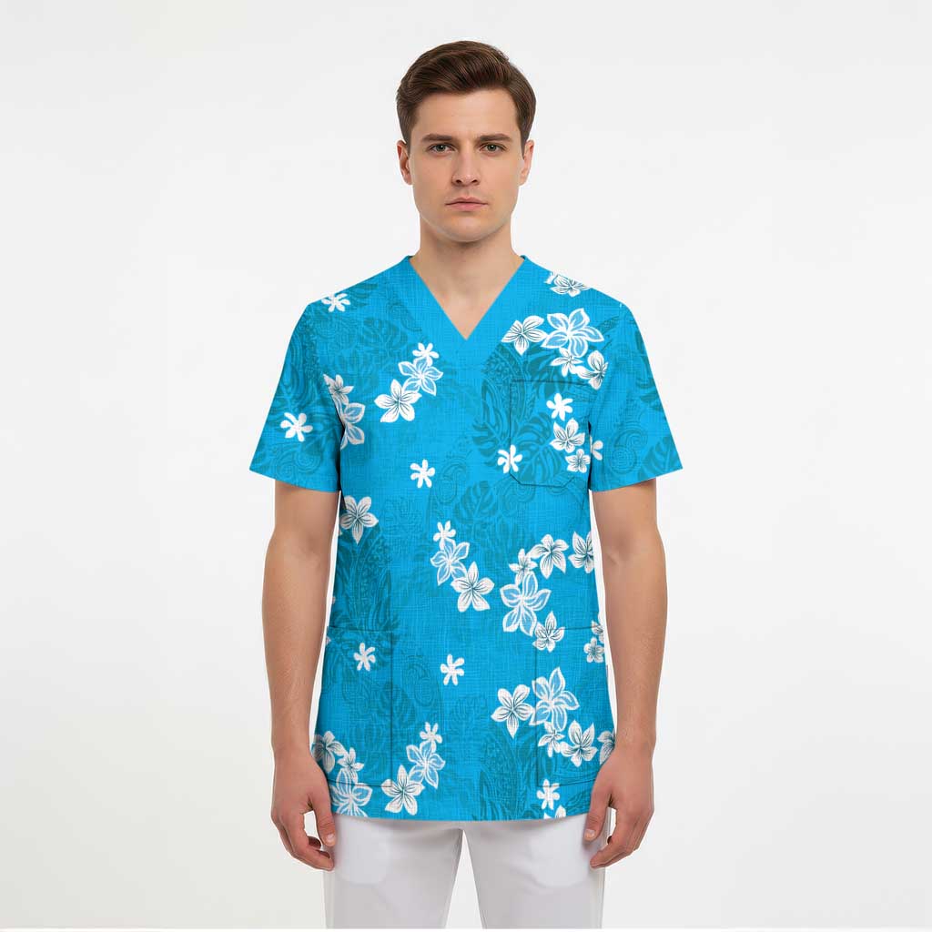 Hawaii Monstera Deliciosa Scrub Top Blue Plumeria Polynesian Pattern LT05 - Polynesian Pride