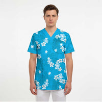 Hawaii Monstera Deliciosa Scrub Top Blue Plumeria Polynesian Pattern LT05 - Polynesian Pride