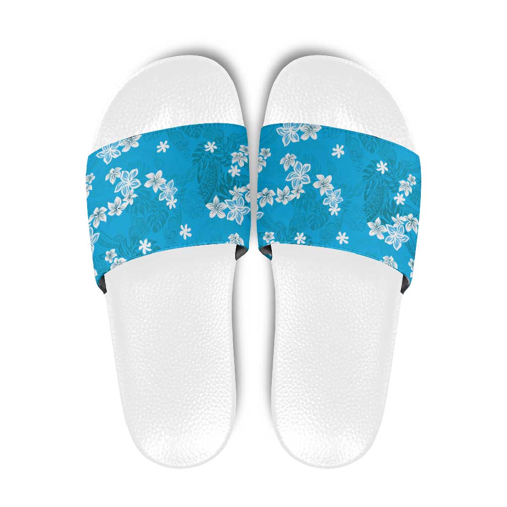 Hawaii Monstera Deliciosa Slide Sandals Blue Plumeria Polynesian Pattern LT05 Blue - Polynesian Pride