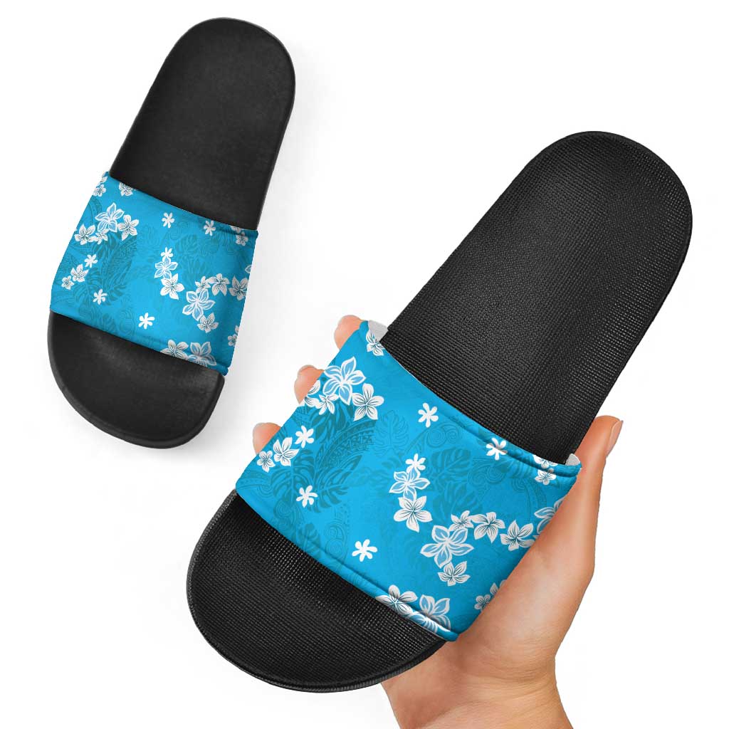 Hawaii Monstera Deliciosa Slide Sandals Blue Plumeria Polynesian Pattern LT05 - Polynesian Pride