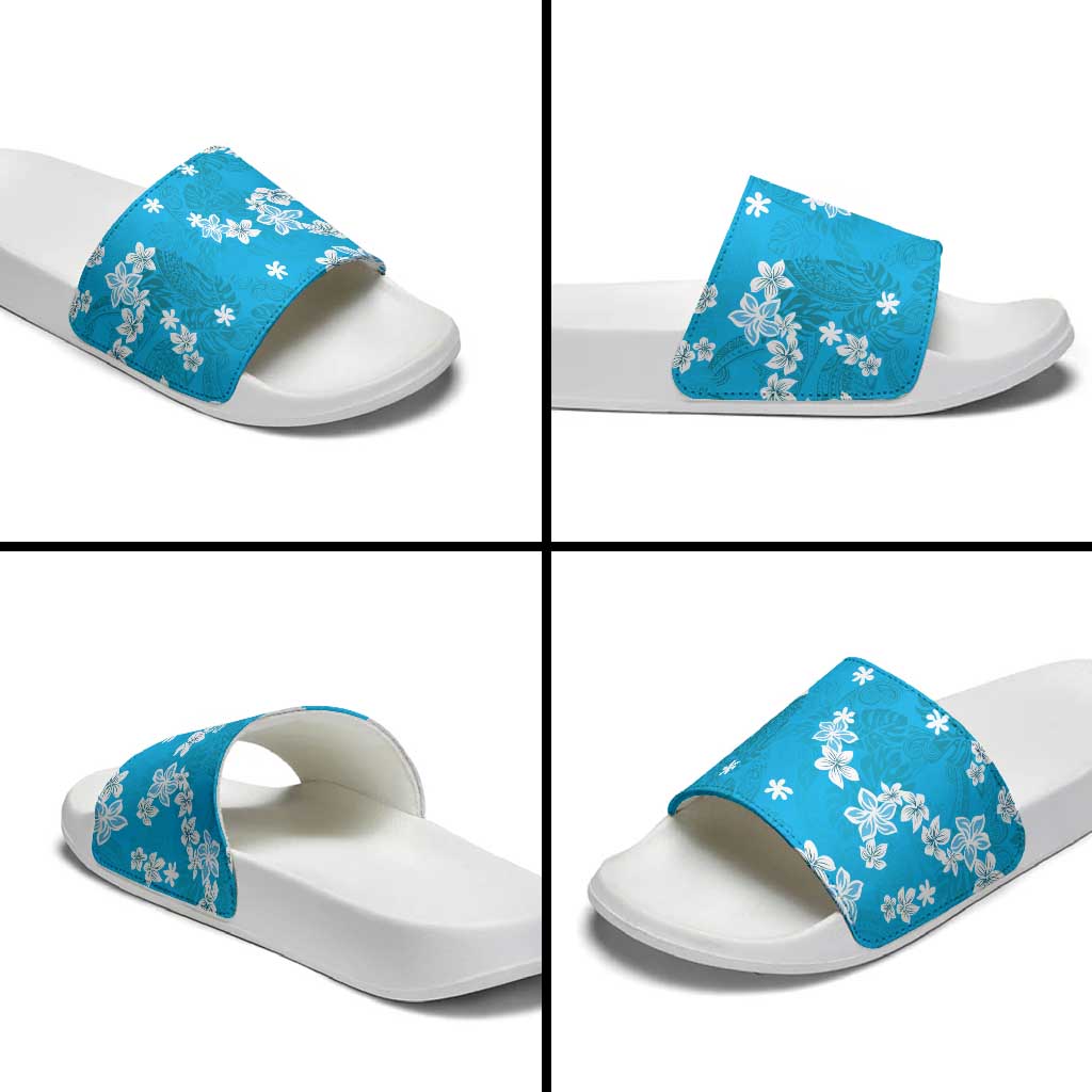 Hawaii Monstera Deliciosa Slide Sandals Blue Plumeria Polynesian Pattern LT05 - Polynesian Pride
