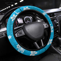 Hawaii Monstera Deliciosa Steering Wheel Cover Blue Plumeria Polynesian Pattern LT05 Universal Fit Blue - Polynesian Pride