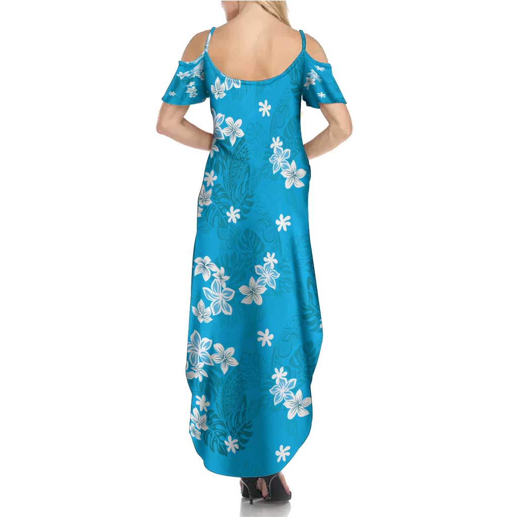 Hawaii Monstera Deliciosa Summer Maxi Dress Blue Plumeria Polynesian Pattern LT05 - Polynesian Pride