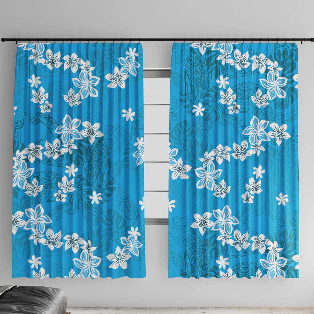 Hawaii Monstera Deliciosa Window Curtain Blue Plumeria Polynesian Pattern LT05 With Hooks Blue - Polynesian Pride