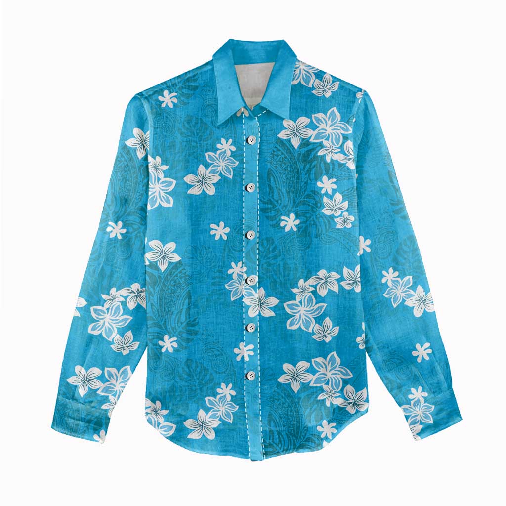 Hawaii Monstera Deliciosa Women Casual Shirt Blue Plumeria Polynesian Pattern LT05 - Polynesian Pride