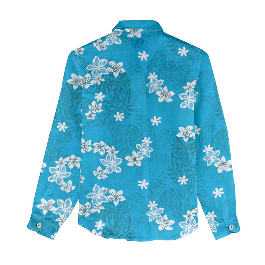 Hawaii Monstera Deliciosa Women Casual Shirt Blue Plumeria Polynesian Pattern LT05 - Polynesian Pride