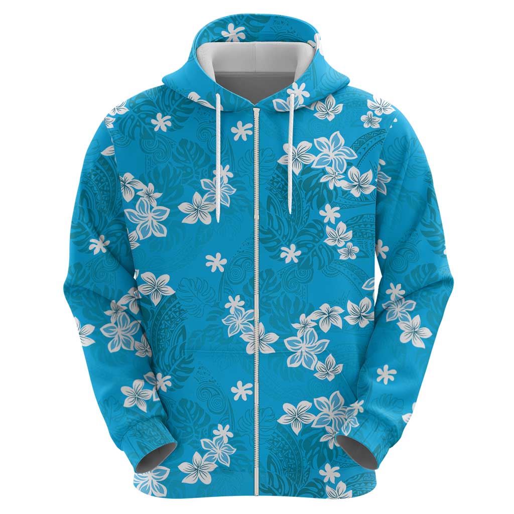 Hawaii Monstera Deliciosa Zip Hoodie Blue Plumeria Polynesian Pattern LT05 - Polynesian Pride