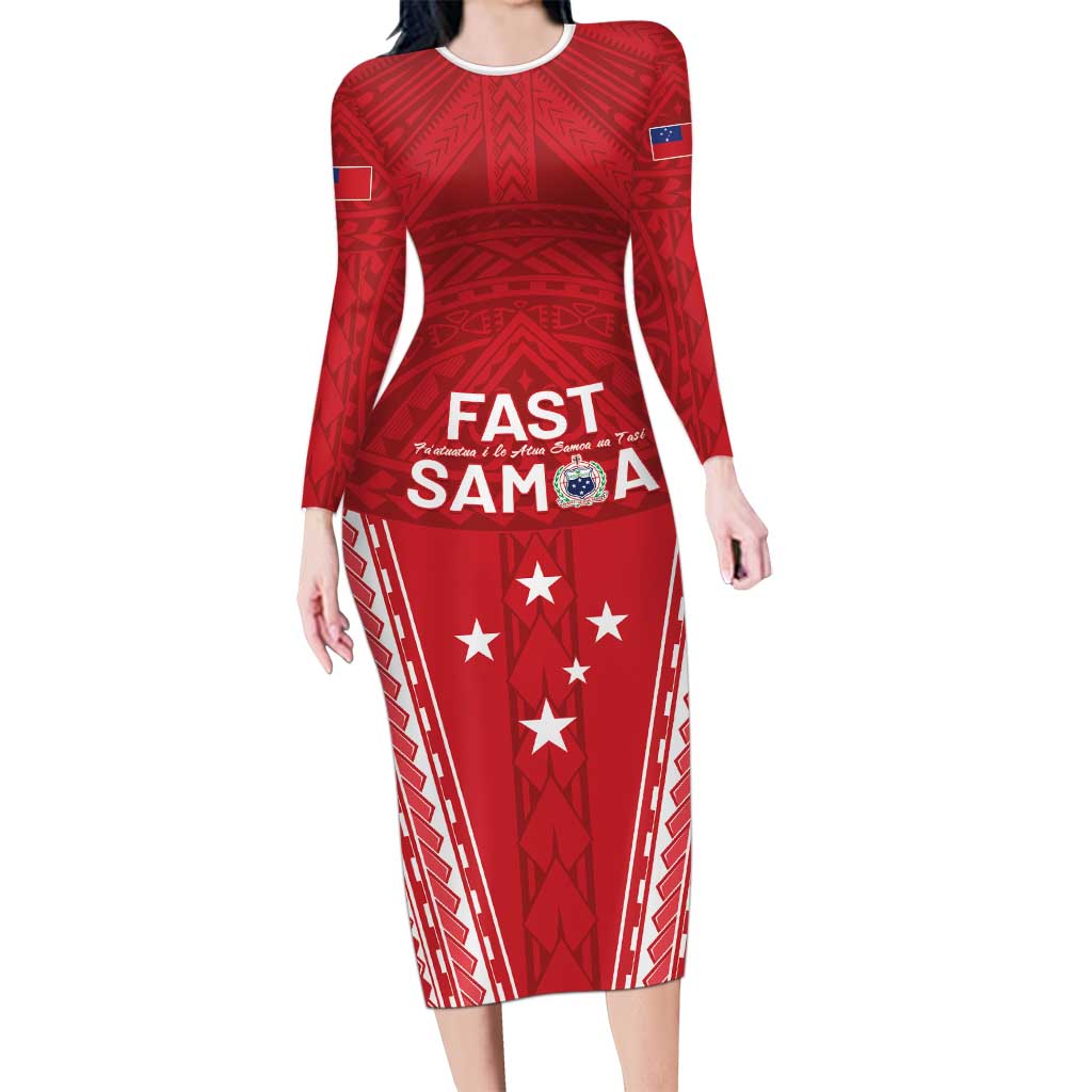 Samoa FAST Long Sleeve Bodycon Dress Forever Proud Samoan Tribal Pattern LT05 Long Dress Red - Polynesian Pride