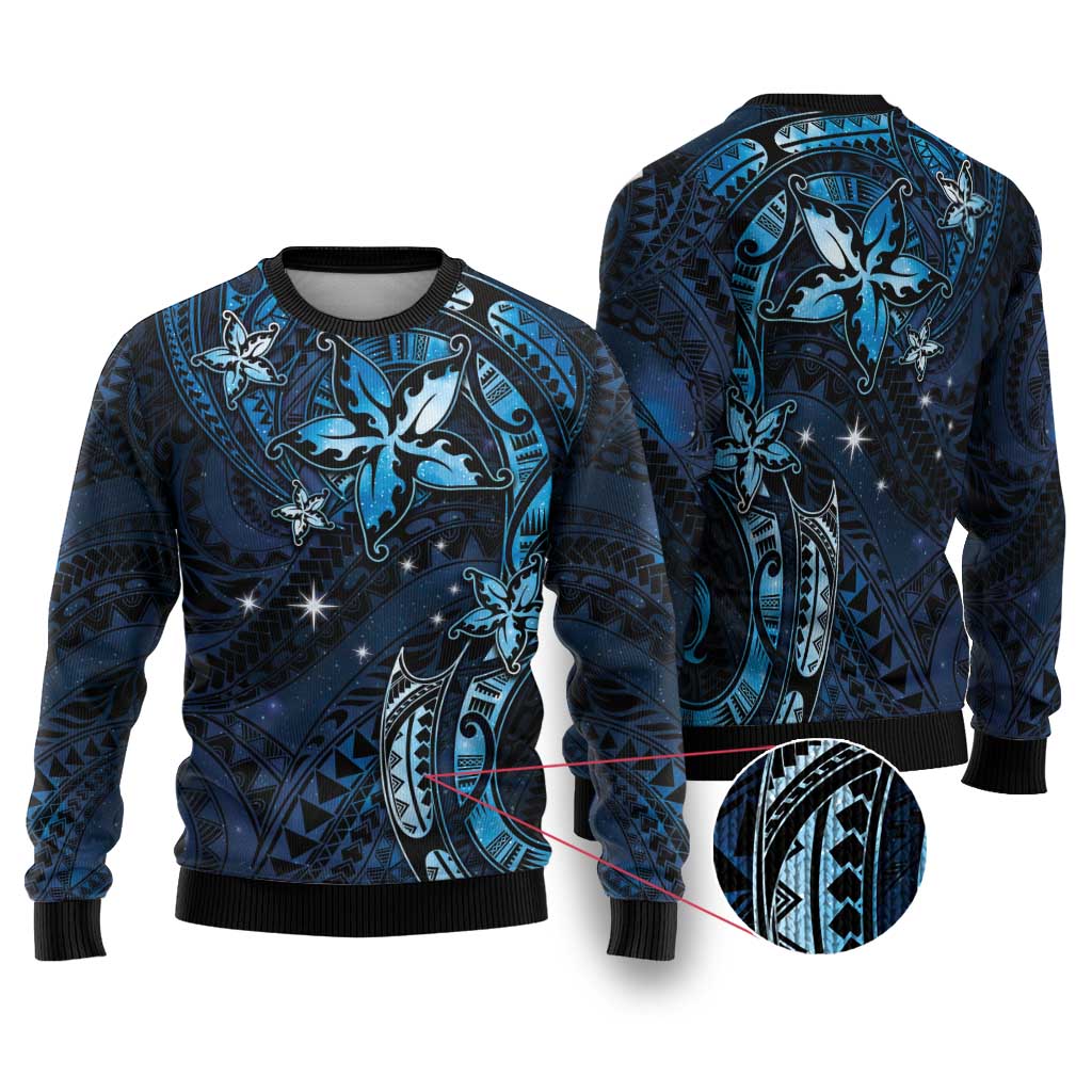 Hawaii Makahiki Season Ugly Christmas Sweater Floral Tribal Tattoo Blue Galaxy LT05 Blue - Polynesian Pride