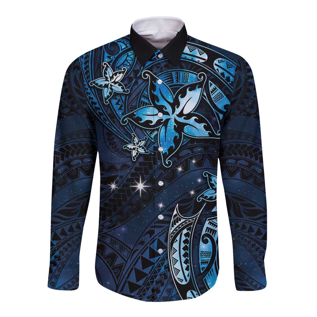 Hawaii Makahiki Season Long Sleeve Button Shirt Floral Tribal Tattoo Blue Galaxy