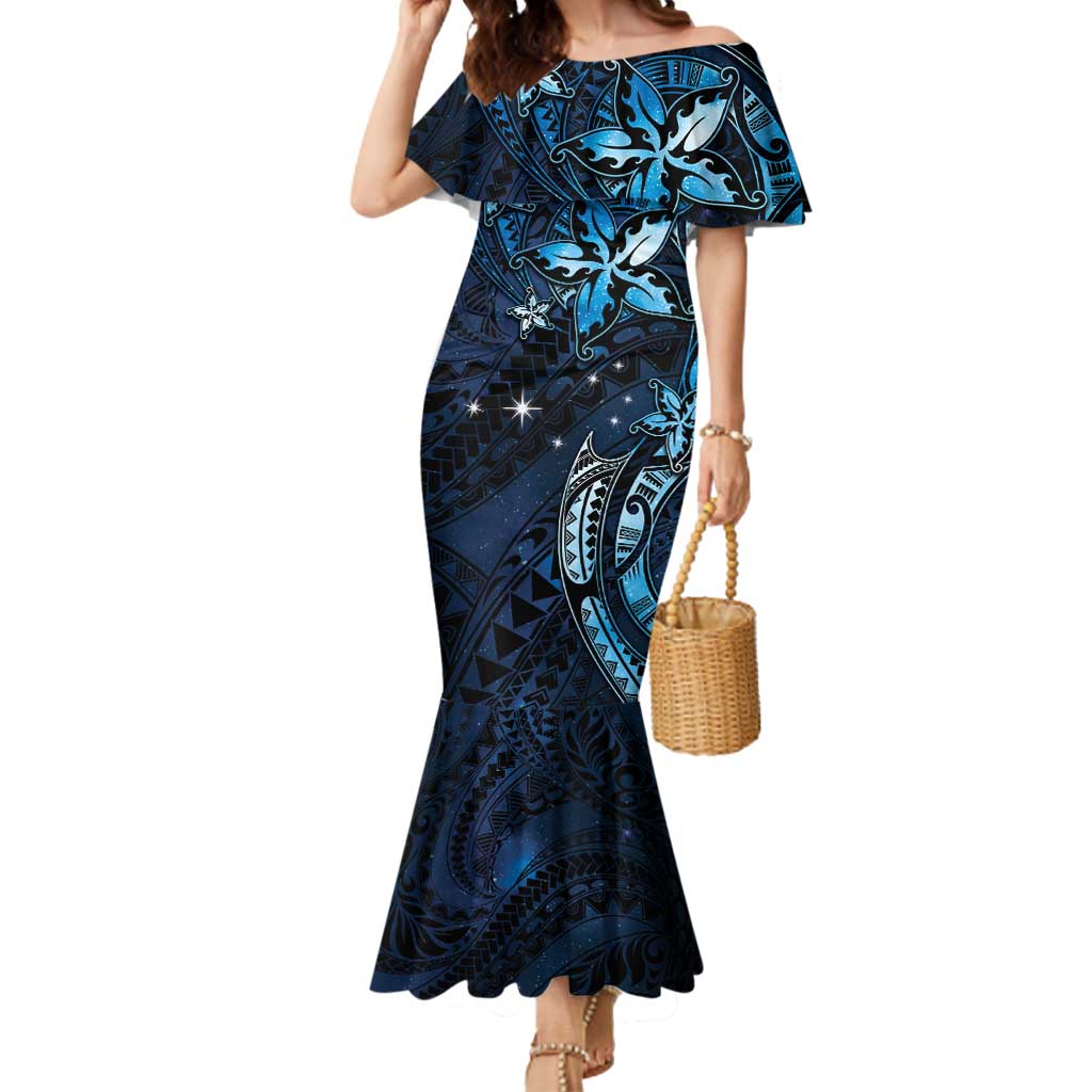 Hawaii Makahiki Season Mermaid Dress Floral Tribal Tattoo Blue Galaxy LT05 Women Blue - Polynesian Pride