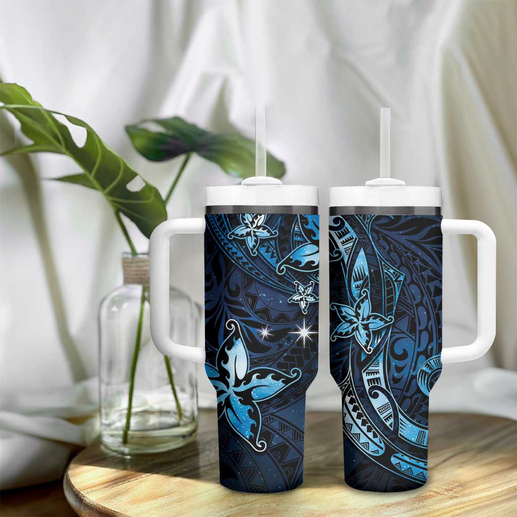 Hawaii Makahiki Season Tumbler With Handle Floral Tribal Tattoo Blue Galaxy LT05 - Polynesian Pride
