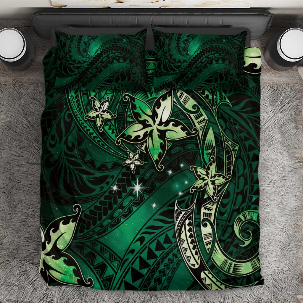 Hawaii Makahiki Season Bedding Set Floral Tribal Tattoo Green Galaxy