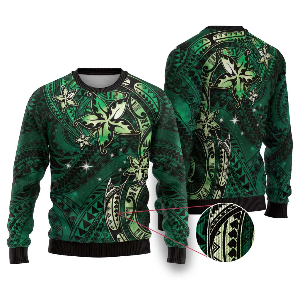 Hawaii Makahiki Season Ugly Christmas Sweater Floral Tribal Tattoo Green Galaxy LT05 Green - Polynesian Pride