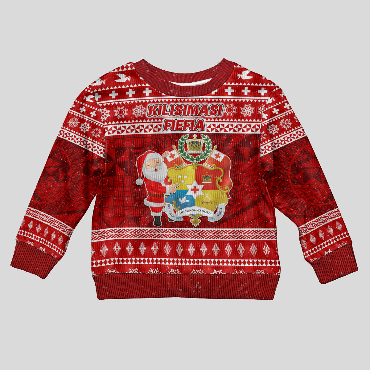 Personalised Tonga Christmas Kid Ugly Christmas Sweater Kilisimasi Fiefia Santas Coat Of Arms LT05 Kid Red - Polynesian Pride
