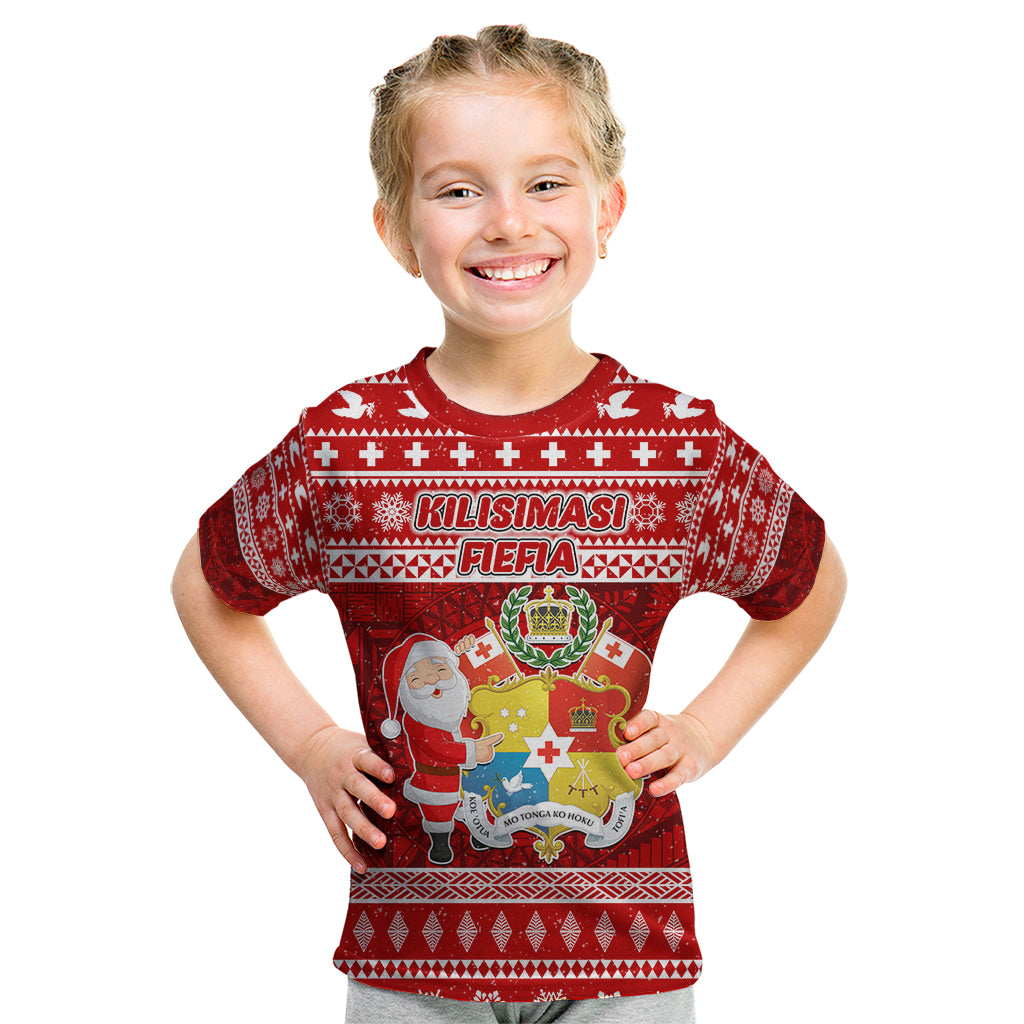 Personalized Tonga Christmas Kid T Shirt Kilisimasi Fiefia Santas Coat Of Arms LT05 Red - Polynesian Pride