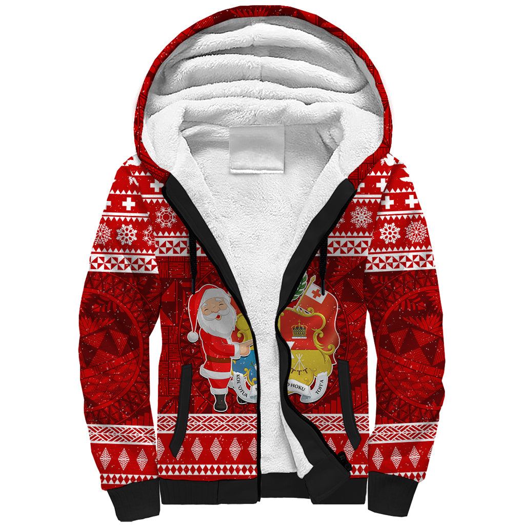 Personalized Tonga Christmas Sherpa Hoodie Kilisimasi Fiefia Santas Coat Of Arms LT05 Unisex Red - Polynesian Pride