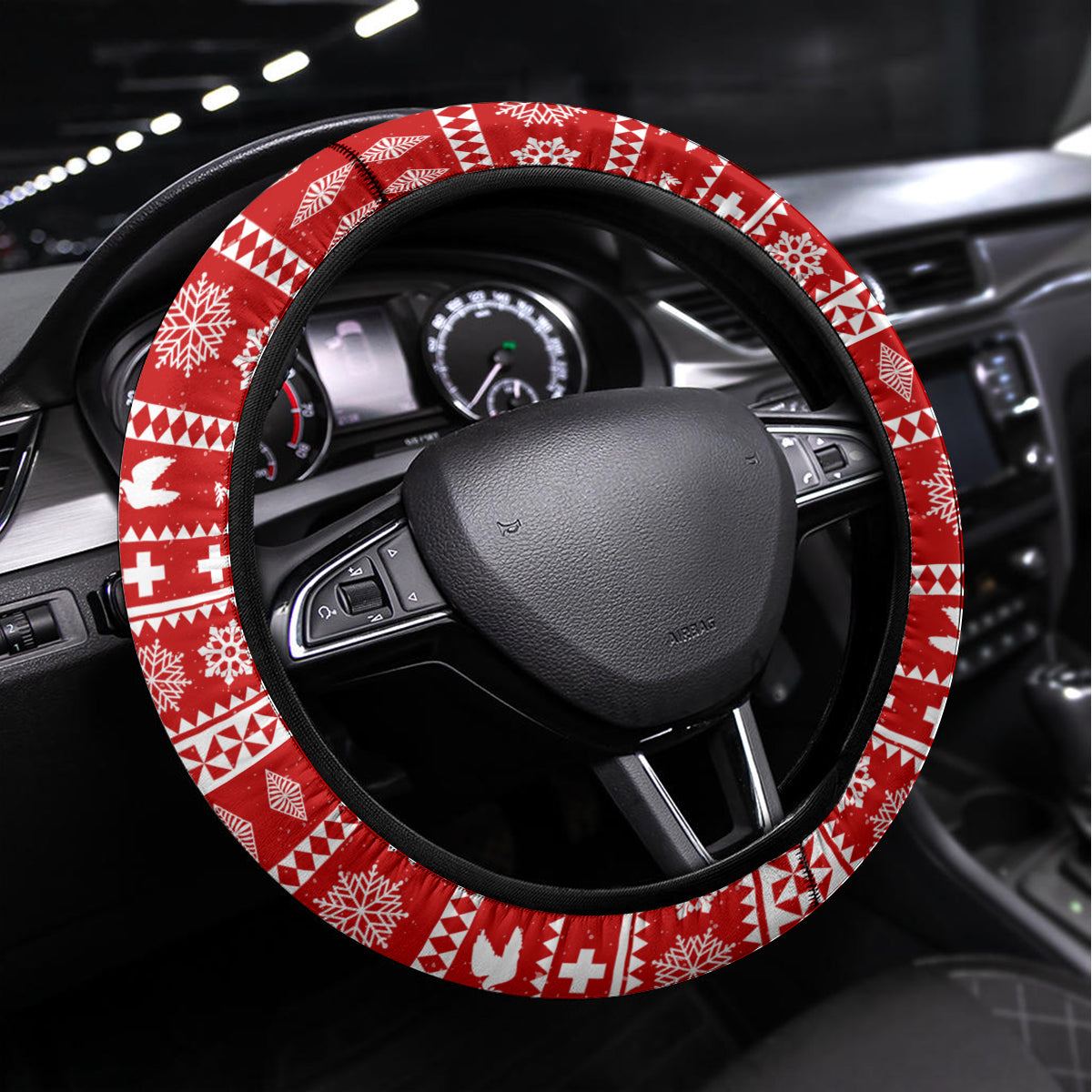 Tonga Christmas Steering Wheel Cover Kilisimasi Fiefia Santas Coat Of Arms LT05 Universal Fit Red - Polynesian Pride