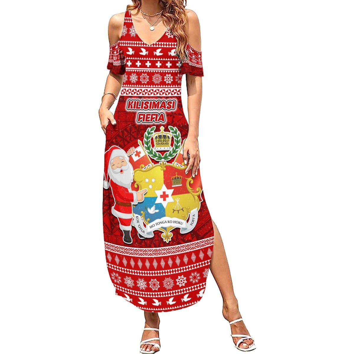Personalized Tonga Christmas Summer Maxi Dress Kilisimasi Fiefia Santas Coat Of Arms LT05 Women Red - Polynesian Pride