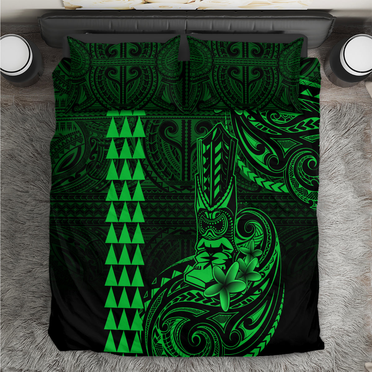 Hawaii Hauoli Makahiki Hou Bedding Set Lono Hawaiian God Kakau Polynesian Tribal Green LT05 Green - Polynesian Pride