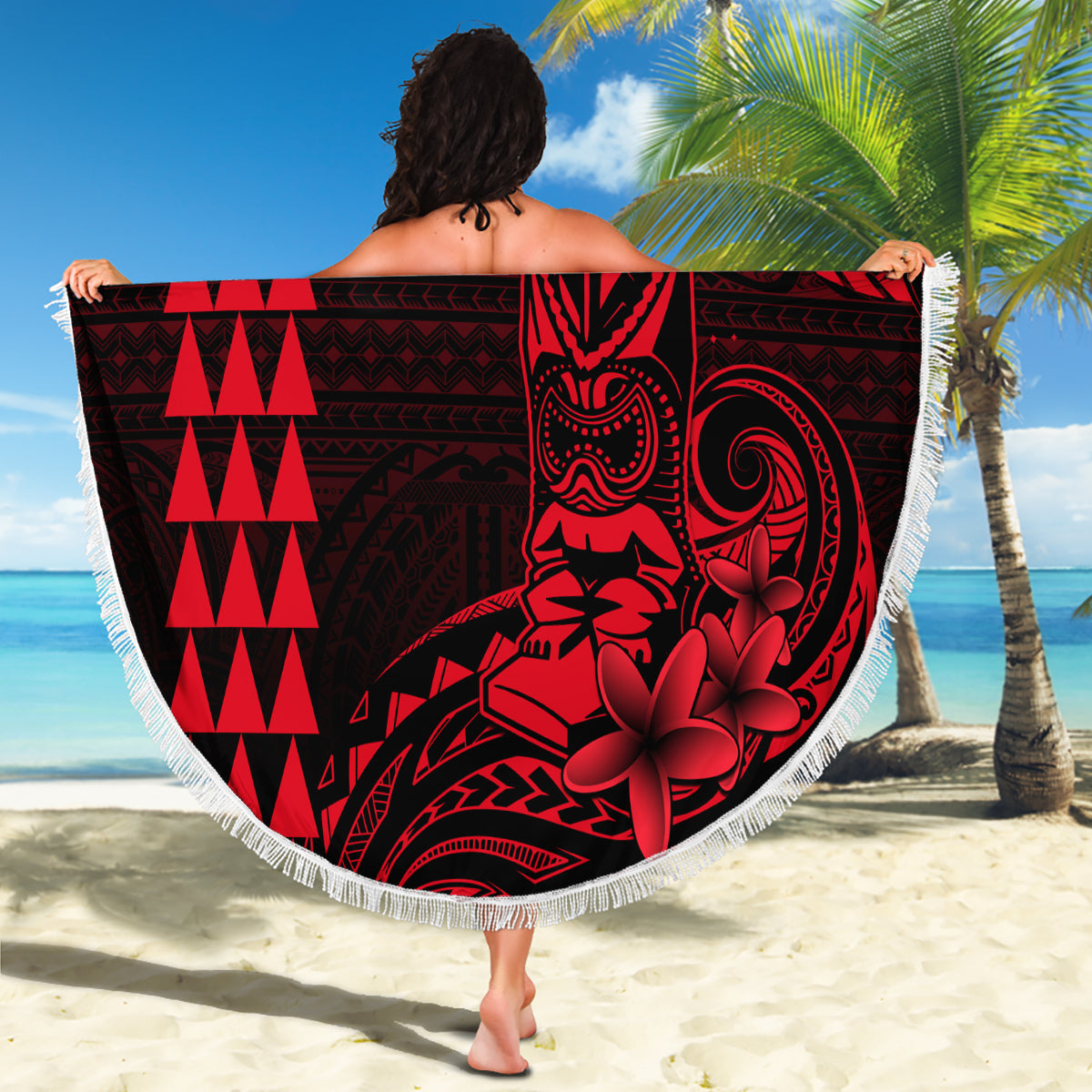 Hawaii Hauoli Makahiki Hou Beach Blanket Lono Hawaiian God Kakau Polynesian Tribal Red LT05 - Wonder Print Shop