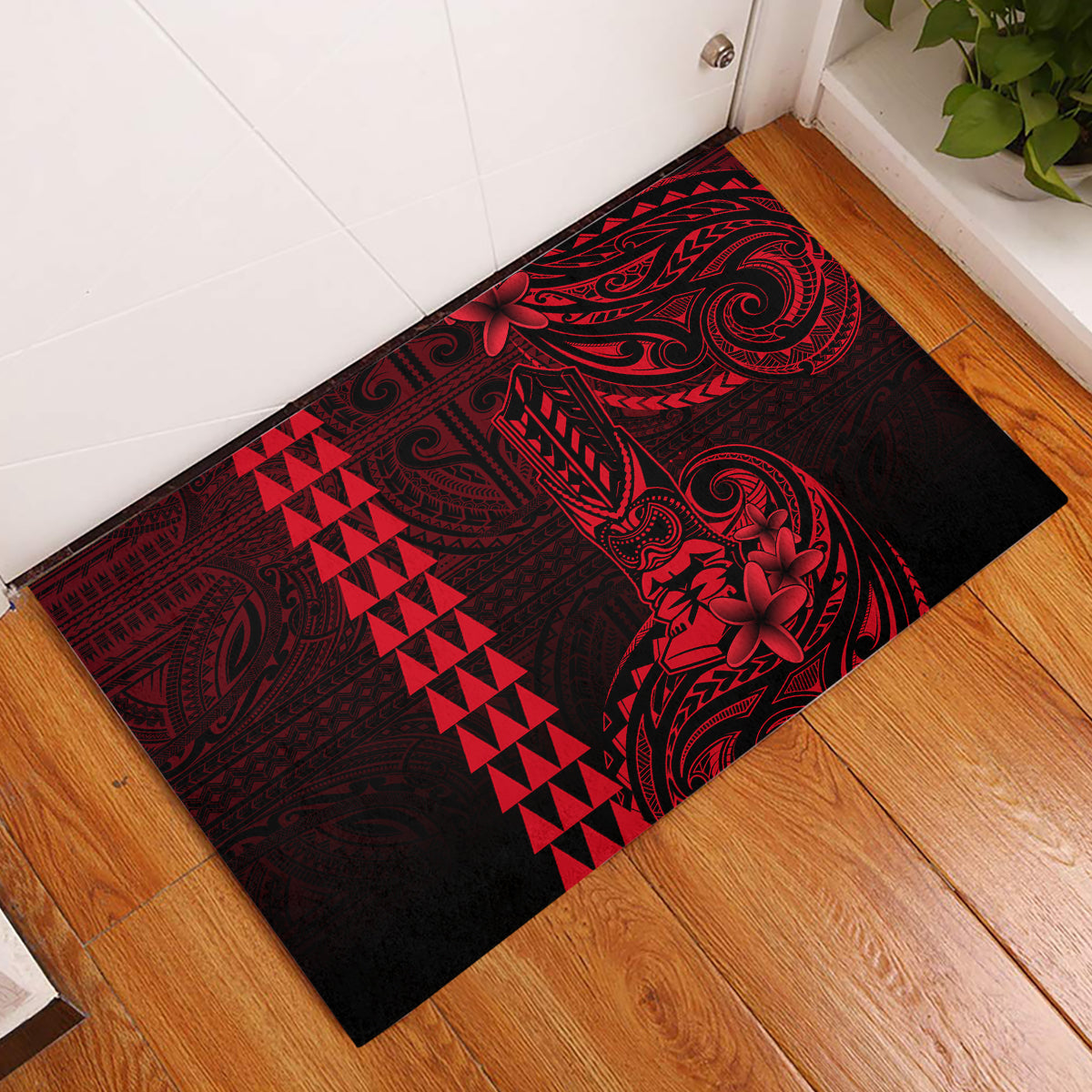 Hawaii Hauoli Makahiki Hou Rubber Doormat Lono Hawaiian God Kakau Polynesian Tribal Red LT05 Red - Polynesian Pride