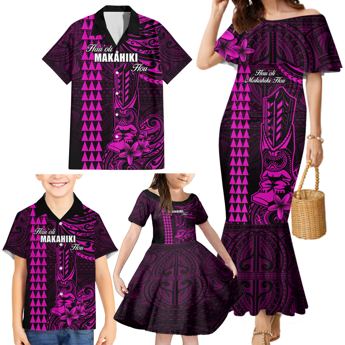 Personalized Hawaii Hauoli Makahiki Hou Family Matching Mermaid Dress and Hawaiian Shirt Lono Hawaiian God Kakau Polynesian Tribal Pink LT05 - Polynesian Pride