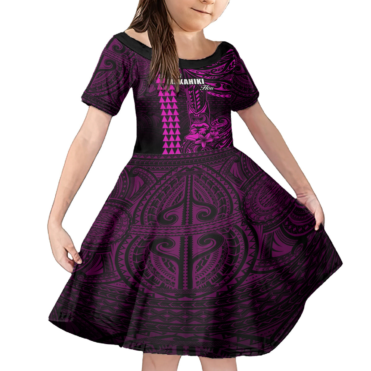 Personalized Hawaii Hauoli Makahiki Hou Kid Short Sleeve Dress Lono Hawaiian God Kakau Polynesian Tribal Pink LT05 KID Pink - Polynesian Pride