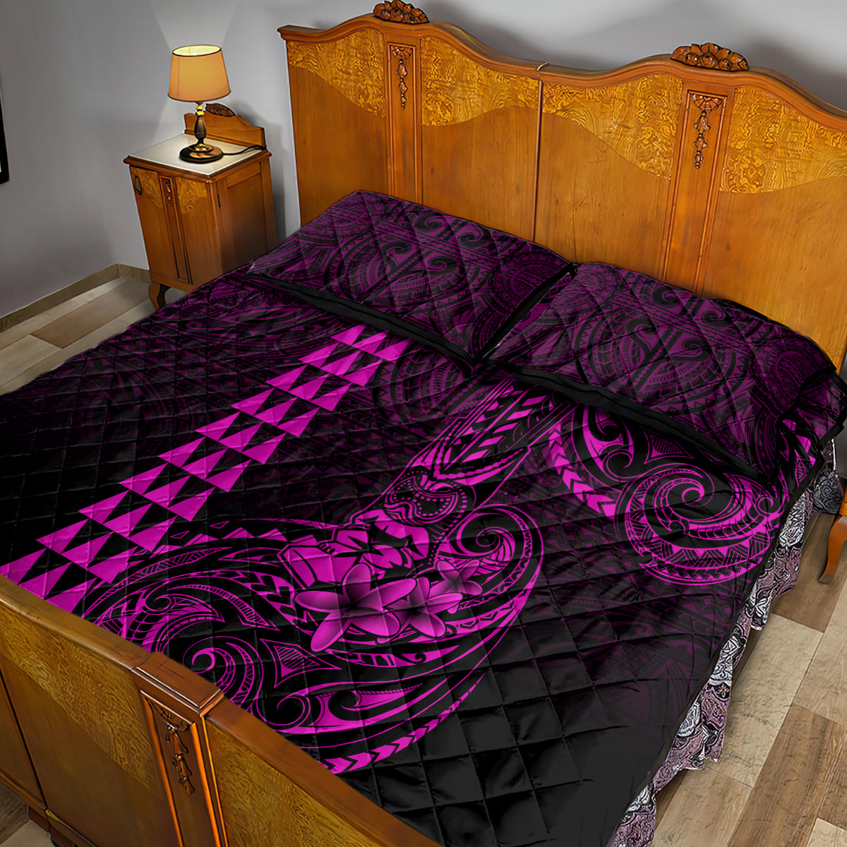 Hawaii Hauoli Makahiki Hou Quilt Bed Set Lono Hawaiian God Kakau Polynesian Tribal Pink LT05 - Polynesian Pride