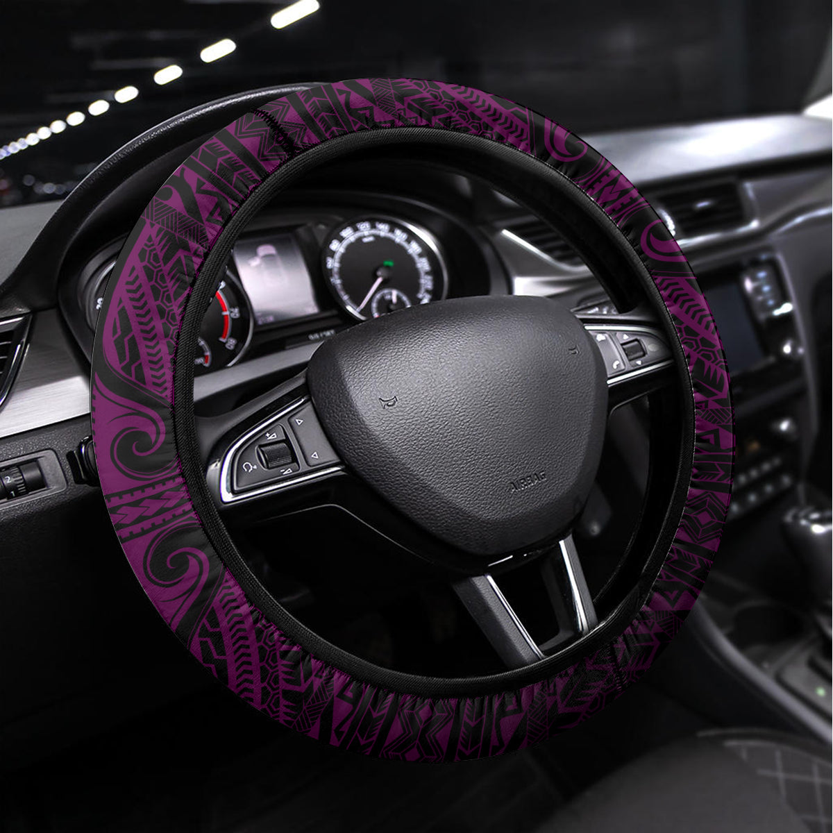 Hawaii Hauoli Makahiki Hou Steering Wheel Cover Lono Hawaiian God Kakau Polynesian Tribal Pink