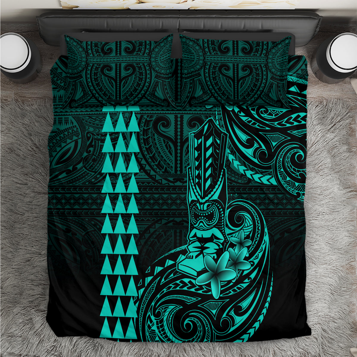 Hawaii Hauoli Makahiki Hou Bedding Set Lono Hawaiian God Kakau Polynesian Tribal Turquoise LT05 Turquoise - Polynesian Pride