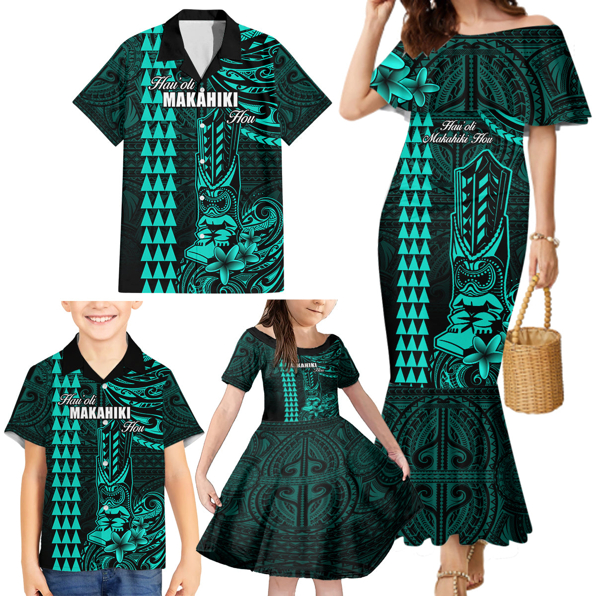 Personalized Hawaii Hauoli Makahiki Hou Family Matching Mermaid Dress and Hawaiian Shirt Lono Hawaiian God Kakau Polynesian Tribal Turquoise LT05 - Polynesian Pride