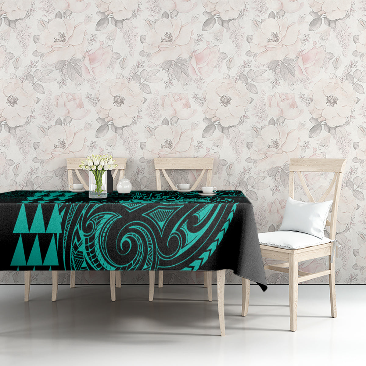 Hawaii Hauoli Makahiki Hou Tablecloth Lono Hawaiian God Kakau Polynesian Tribal Turquoise LT05 - Polynesian Pride