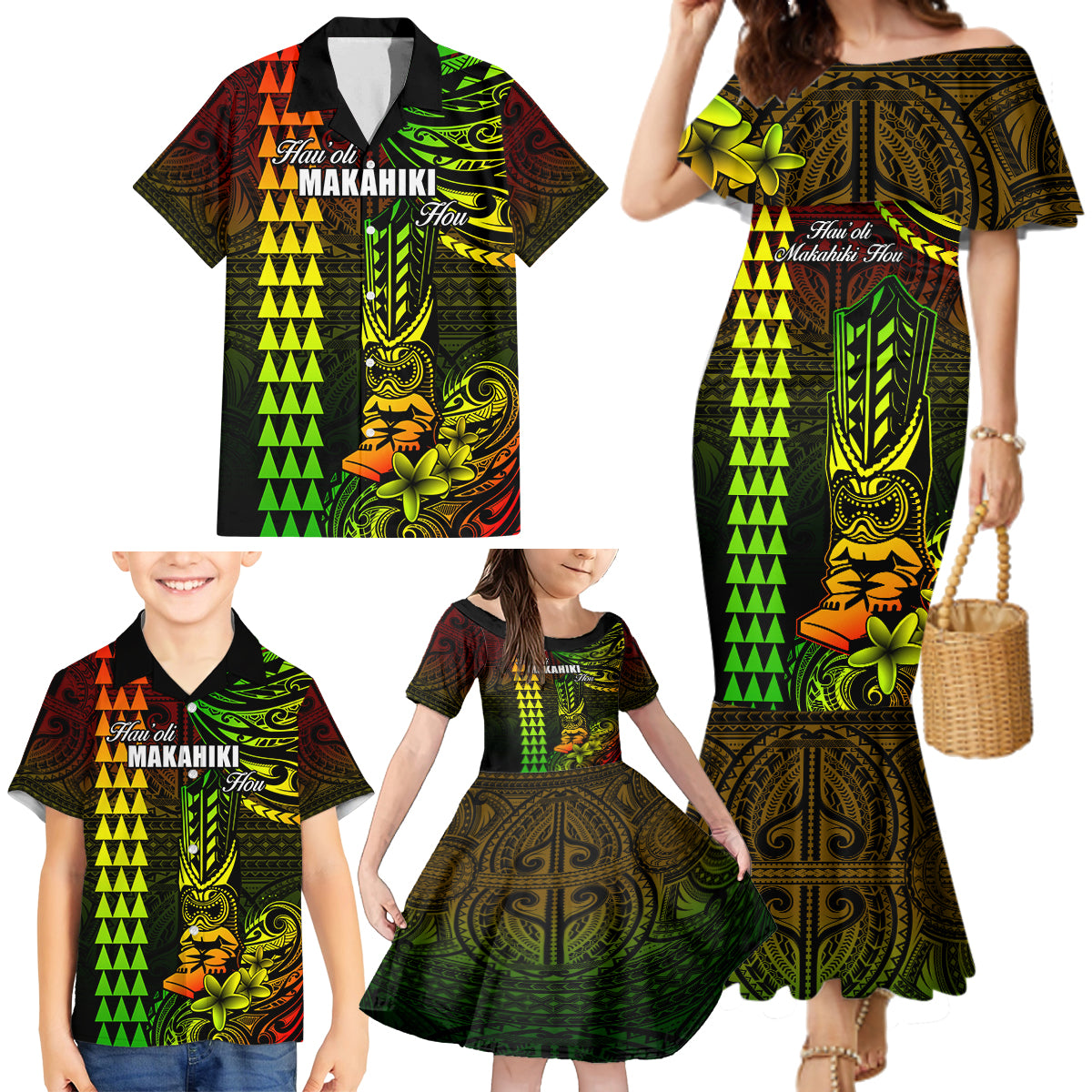 Personalized Hawaii Hauoli Makahiki Hou Family Matching Mermaid Dress and Hawaiian Shirt Lono Hawaiian God Kakau Polynesian Tribal Reggae LT05 - Polynesian Pride