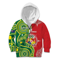 Custom Tonga Australia Rugby Kid Hoodie Kangaroos And Tonga Mate Maa Together LT05 Zip Hoodie Green - Polynesian Pride